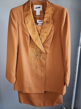 ML STUDIO Burnt Orange Embellished Satin-Trim 3 Pcs Suit